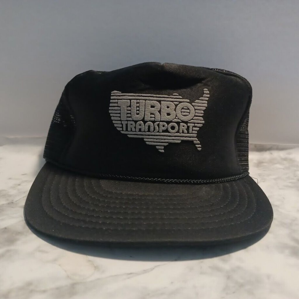 Vintage Black Foam Trucker Hat Turbo Transport 1980s Snapback Nissin